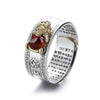 Pixiu Ring with Heart Sutra Engraving — Garnet Inset Wealth Ring in Silver & Gold Tone - Pixiu Great Wall — Two - Tone Gold/SilverBuddha Tibet