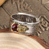 Pixiu Ring with Heart Sutra Engraving — Garnet Inset Wealth Ring in Silver & Gold Tone - Pixiu Great Wall — All SilverBuddha Tibet
