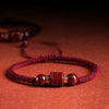Purple Goldstone Cinnabar Mantra Bracelet — Om Mani Padme Hum Woven Red Rope - Wine Red — Mantra Barrel Beads with Gold SpacersBuddha Tibet