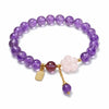 Amethyst Bead Bracelet with Stone Pendant — Rose Quartz Flower or Strawberry Quartz Charm Buddha Tibet