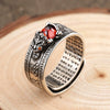 Pixiu Ring with Heart Sutra Engraving — Garnet Inset Wealth Ring in Silver & Gold Tone - Pixiu Great Wall — All SilverBuddha Tibet