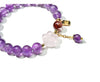 Amethyst Bead Bracelet with Stone Pendant — Rose Quartz Flower or Strawberry Quartz Charm Buddha Tibet