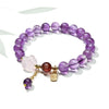 Amethyst Bead Bracelet with Stone Pendant — Rose Quartz Flower or Strawberry Quartz Charm Buddha Tibet