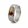 Pixiu Ring with Heart Sutra Engraving — Garnet Inset Wealth Ring in Silver & Gold Tone Buddha Tibet