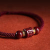 Purple Goldstone Cinnabar Mantra Bracelet — Om Mani Padme Hum Woven Red Rope - Wine Red — Mantra Barrel Beads with Gold SpacersBuddha Tibet