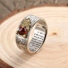 Pixiu Ring with Heart Sutra Engraving — Garnet Inset Wealth Ring in Silver & Gold Tone - Pixiu Great Wall — All SilverBuddha Tibet