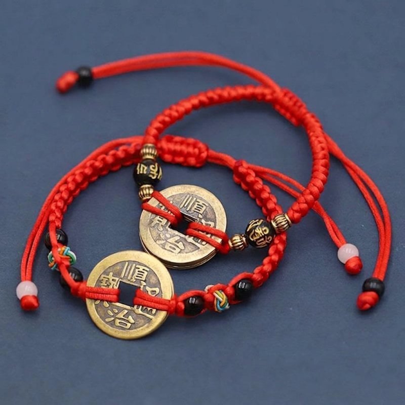 Five Emperor Coins Red Cord Bracelet — Handwoven Pure Copper for Wealth and Protection Buddha Tibet