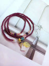 Natural Garnet Triple Wrap Bracelet — Chinese Good Fortune Charm with Jade & Stone Beads Buddha Tibet