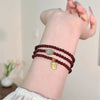 Natural Garnet Triple Wrap Bracelet — Chinese Good Fortune Charm with Jade & Stone Beads Buddha Tibet