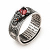 Pixiu Ring with Heart Sutra Engraving — Garnet Inset Wealth Ring in Silver & Gold Tone - Pixiu Great Wall — All SilverBuddha Tibet