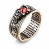 Pixiu Ring with Heart Sutra Engraving — Garnet Inset Wealth Ring in Silver & Gold Tone - Pixiu Great Wall — Two-Tone Gold/SilverBuddha Tibet