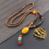 Tibetan Wood Bead Sweater Chain — Ethnic-Style Long Necklace - Cracked Yellow AgateBuddha Tibet