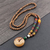Tibetan Wood Bead Sweater Chain — Ethnic-Style Long Necklace - Small Resin Peace BuckleBuddha Tibet