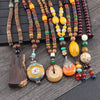 Tibetan Wood Bead Sweater Chain — Ethnic-Style Long Necklace - Yellow Peace CharmBuddha Tibet