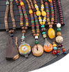 Tibetan Wood Bead Sweater Chain — Ethnic-Style Long Necklace - Yellow Peace CharmBuddha Tibet